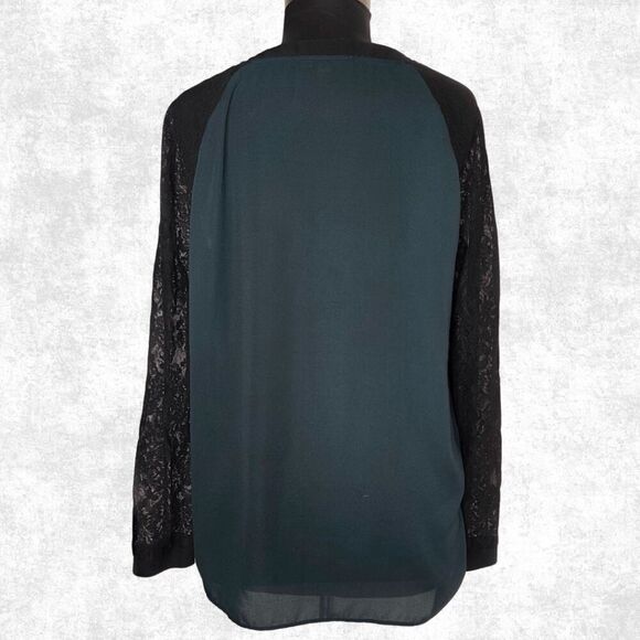 LOFT Women’s XL Hunter Green Lace Sleeve Blouse – Raglan Sheer Black Top - Picture 4 of 6